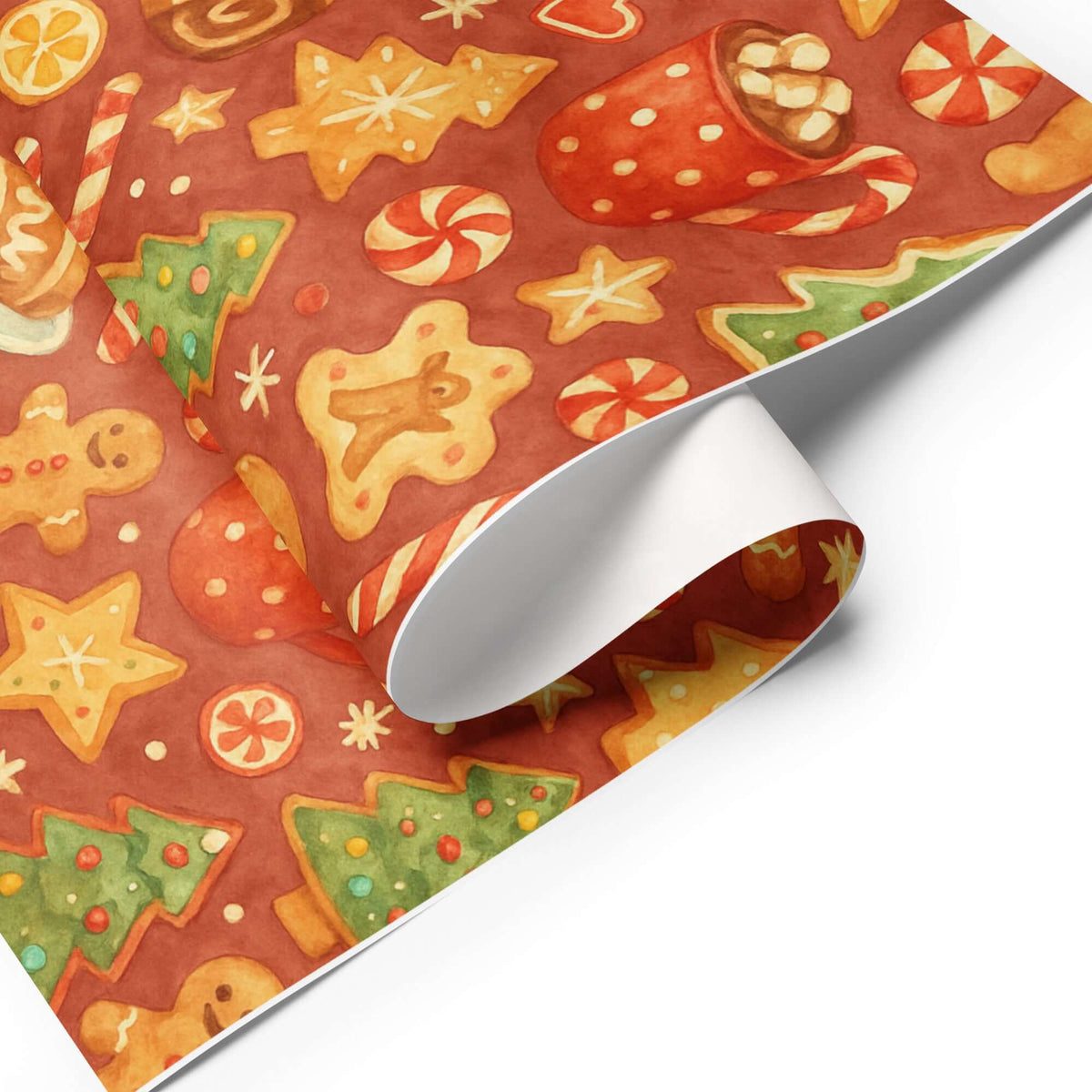 Baking Christmas Wrapping Paper featuring gingerbread cookies, Christmas trees, candy canes on a rich red background.