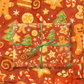 Baking Christmas Wrapping Paper featuring gingerbread cookies, candy canes, and Christmas trees on a festive red background.