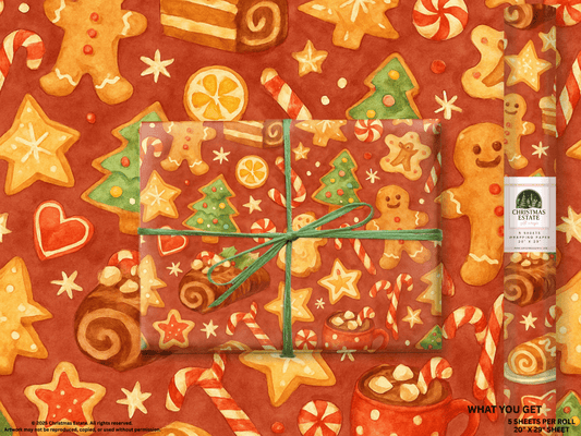 Baking Christmas Wrapping Paper featuring gingerbread cookies, candy canes, and Christmas trees on a festive red background.