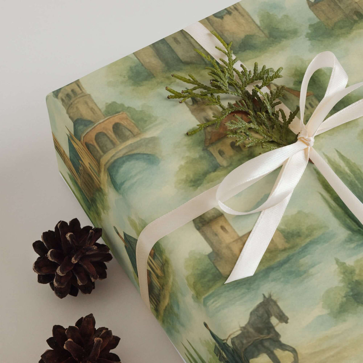 Belgium Wrapping Paper featuring hand-painted scenes and soft watercolor tones for elegant gift wrapping.