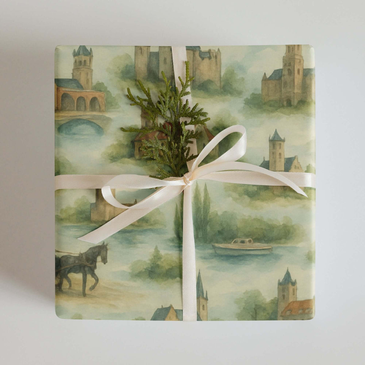 Belgium Wrapping Paper featuring hand-painted Belgian landmarks and soft watercolor tones.