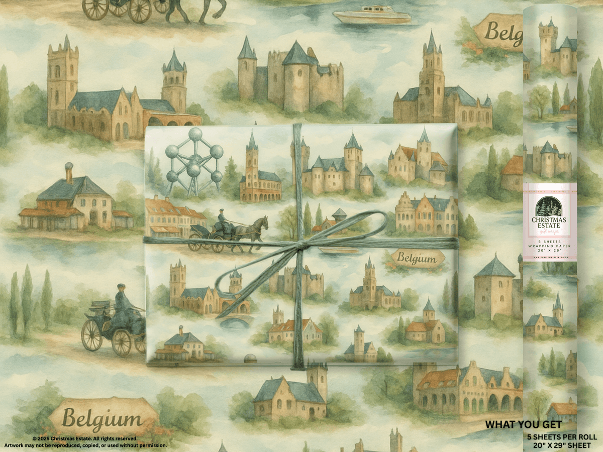 Belgium Wrapping Paper featuring hand-painted Belgian landmarks in soft watercolor tones.