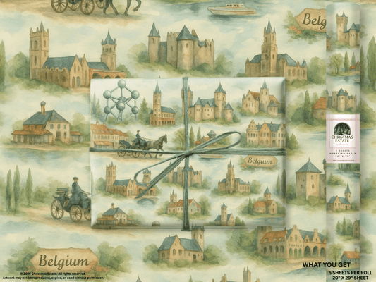 Belgium Wrapping Paper featuring hand-painted Belgian landmarks in soft watercolor tones.