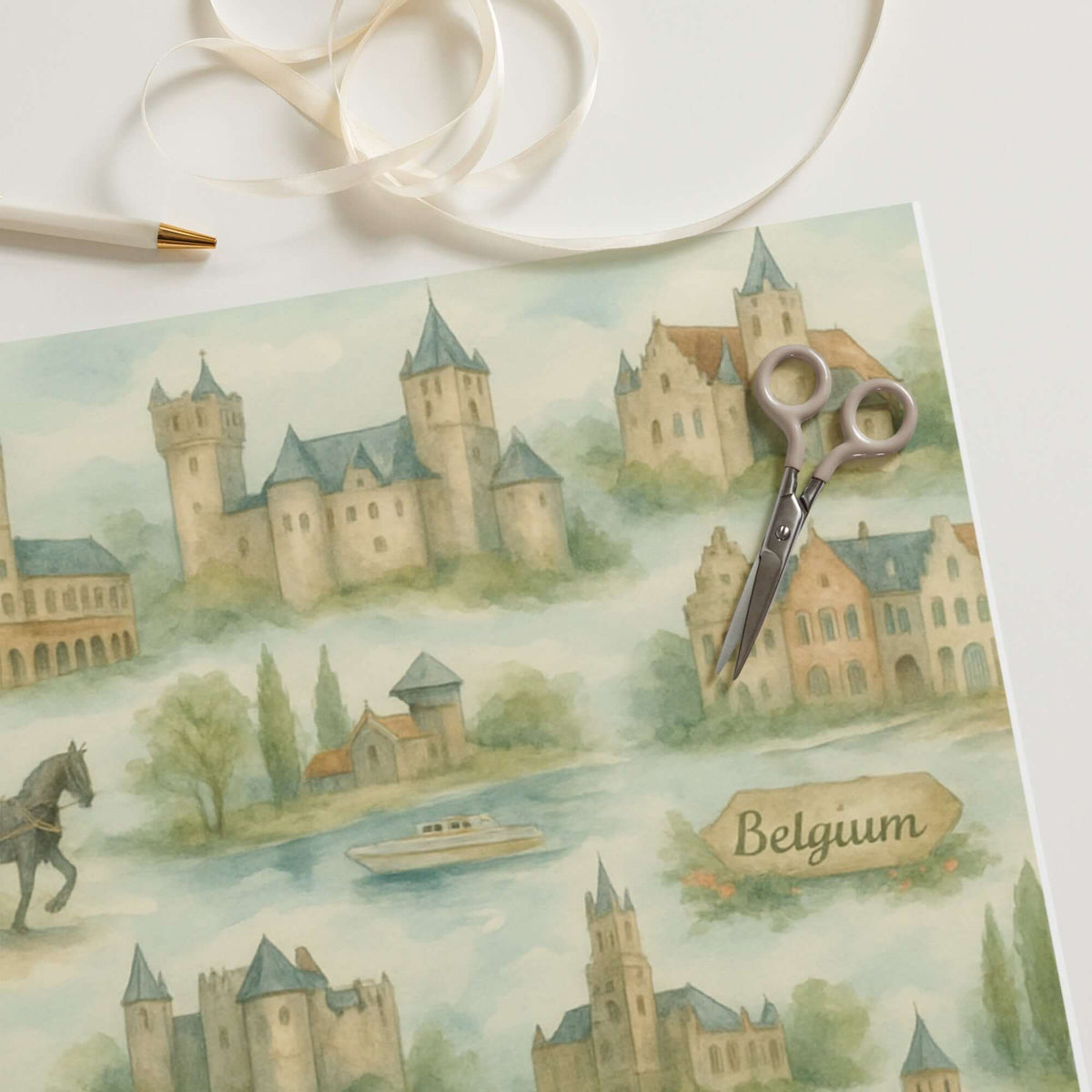 Belgium Wrapping Paper featuring hand-painted Belgian landmarks and castles in soft watercolor tones.