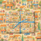Charming European town scene on luxury Christmas wrapping paper, featuring colorful houses and vintage vehicles.
