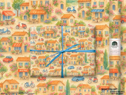 Charming European town scene on luxury Christmas wrapping paper, featuring colorful houses and vintage vehicles.