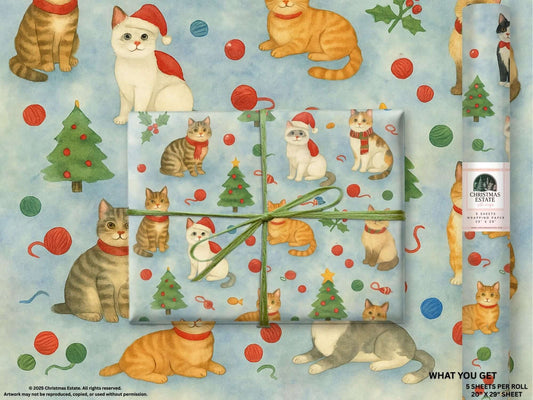 Playful Christmas Cats watercolor wrapping paper design with festive motifs, perfect for holiday gifts.