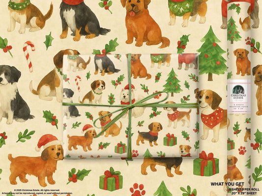 Luxury Christmas wrapping paper with watercolor dogs, trees, and holiday decorations, perfect for festive gift wrapping.