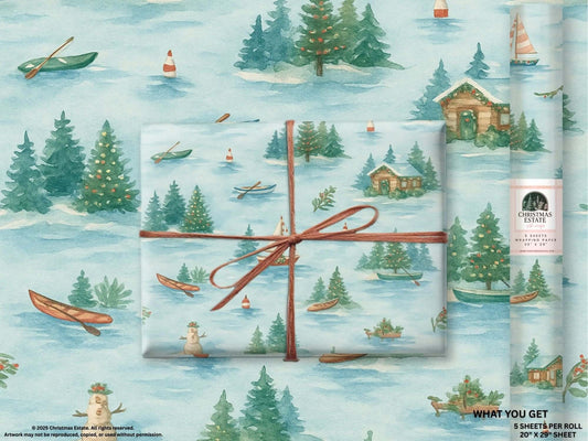 Luxury Christmas wrapping paper featuring a serene lakeside watercolor design with cabins, boats, and snowmen.