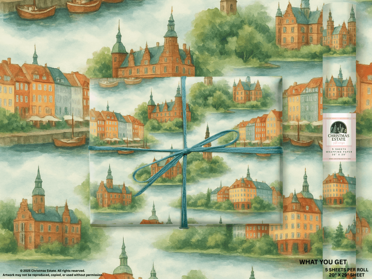 Denmark Wrapping Paper featuring watercolor cityscapes and colorful row houses, perfect for elegant gift wrapping.