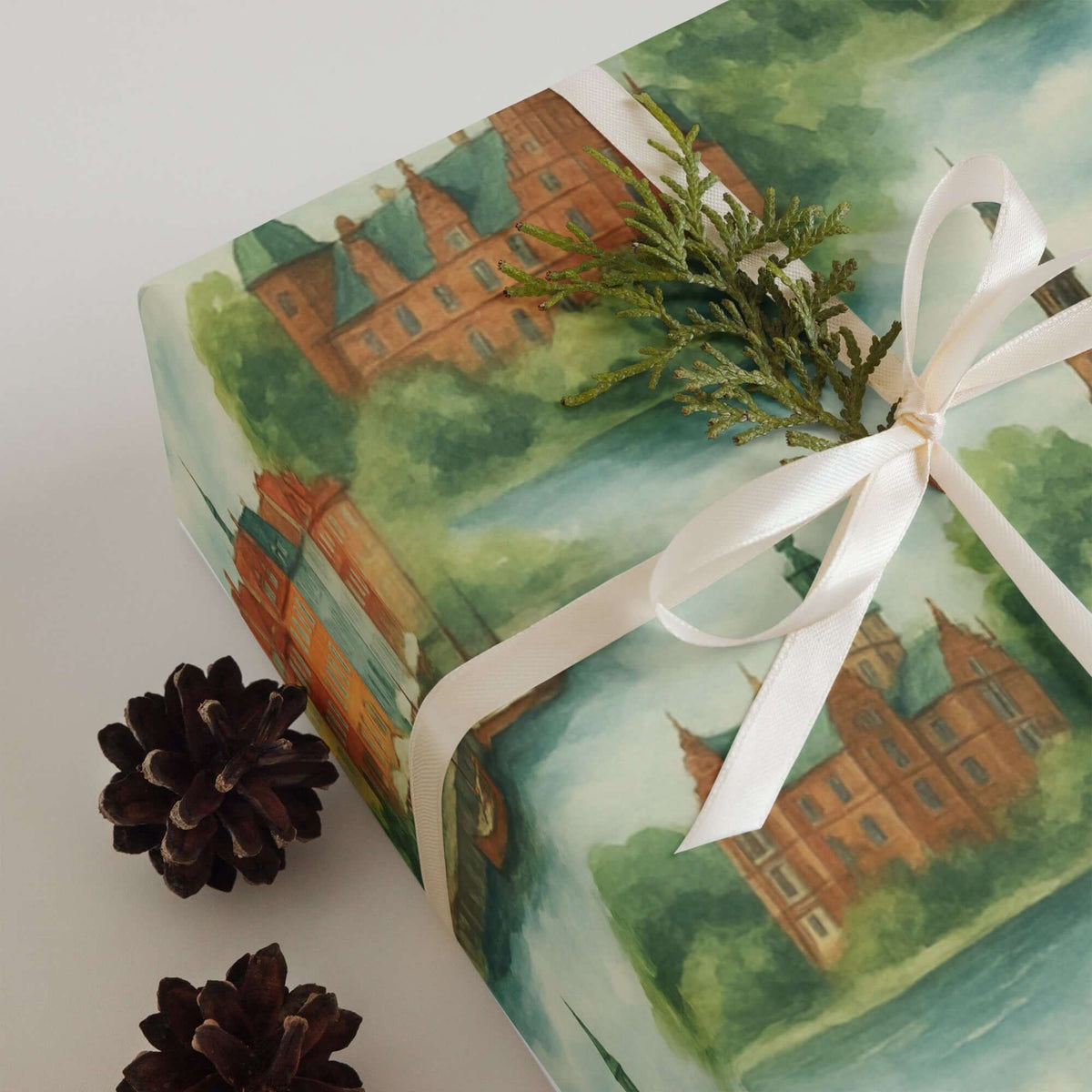 Denmark Wrapping Paper featuring elegant cityscapes, landmarks, and soft watercolor tones.