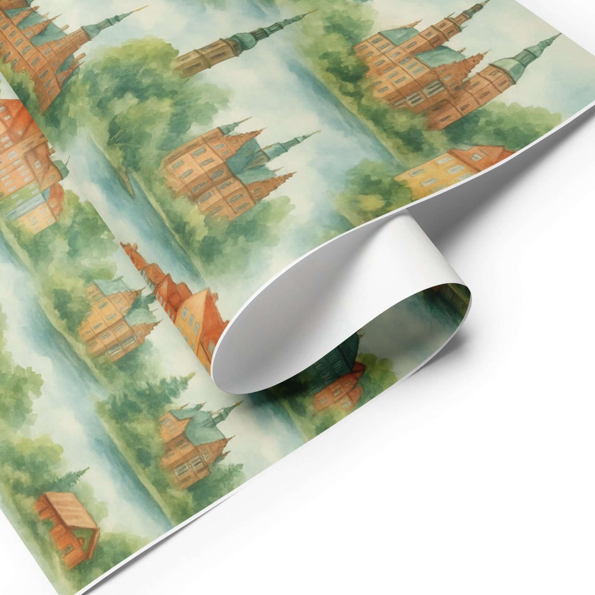 Denmark Wrapping Paper featuring soft watercolor cityscapes and landmarks in warm tones.
