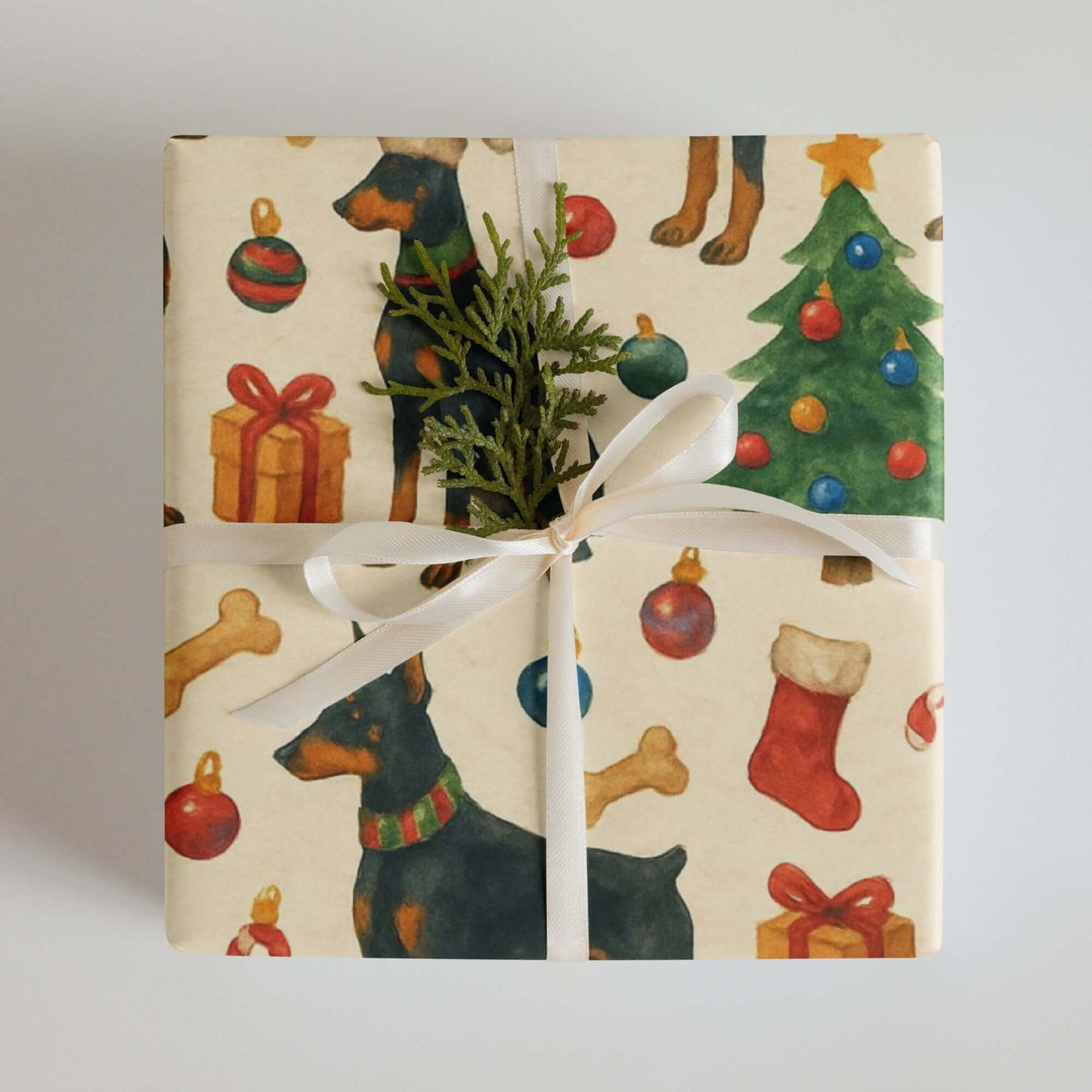 Luxury Christmas wrapping paper featuring Doberman Pinschers with festive ornaments and trees in a watercolor design.
