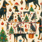 Luxury Christmas wrapping paper featuring Doberman Pinschers in scarves and hats, watercolor design with festive ornaments and trees.