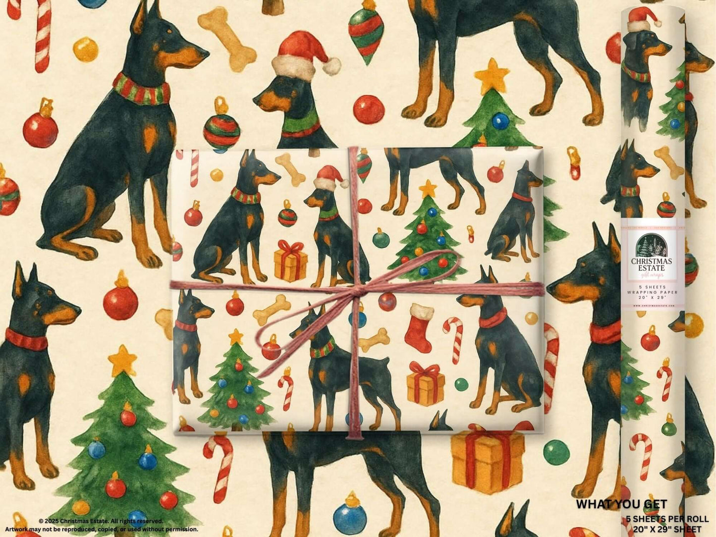 Luxury Christmas wrapping paper featuring Doberman Pinschers in scarves and hats, watercolor design with festive ornaments and trees.