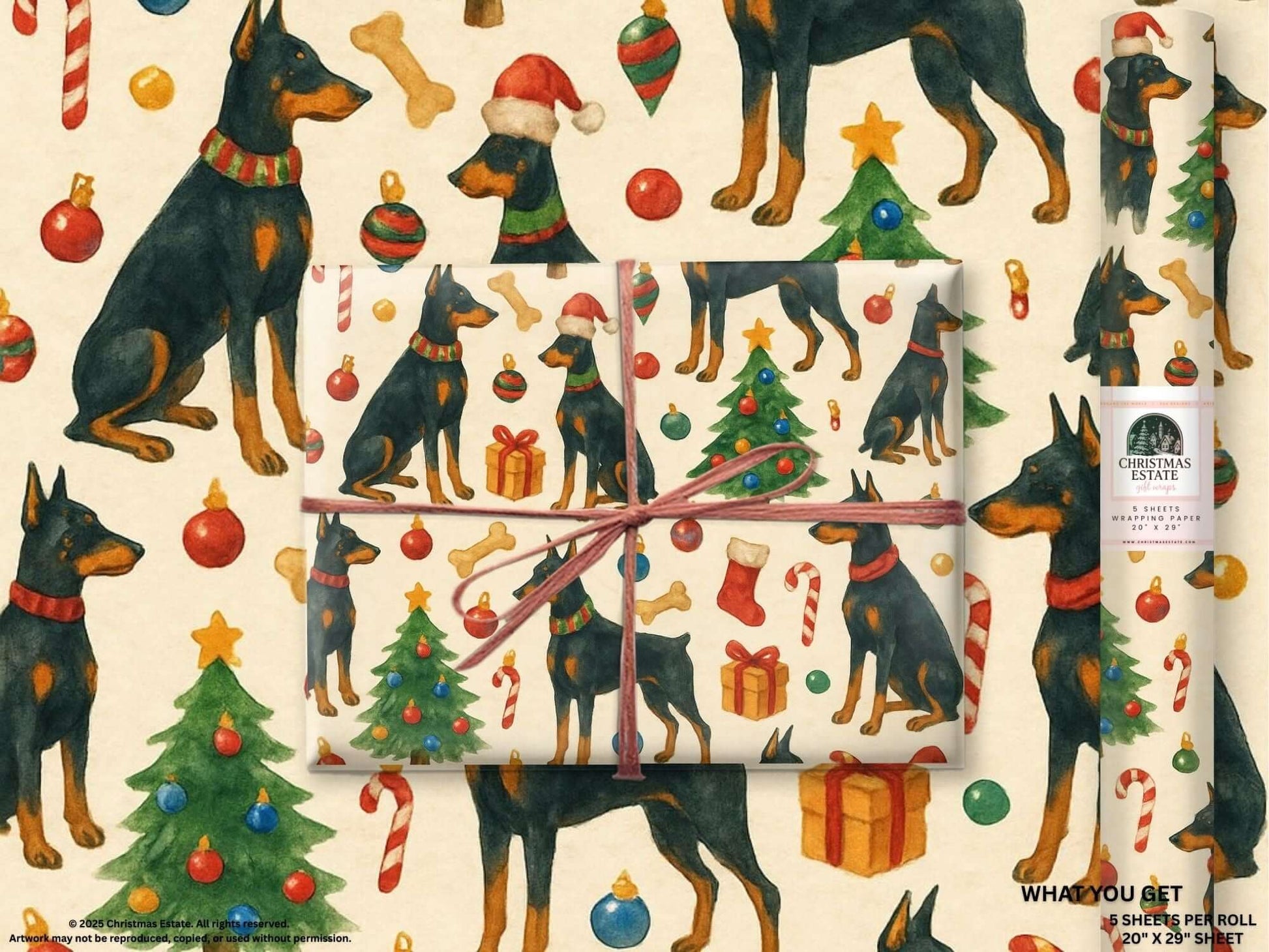 Luxury Christmas wrapping paper featuring Doberman Pinschers in scarves and hats, watercolor design with festive ornaments and trees.
