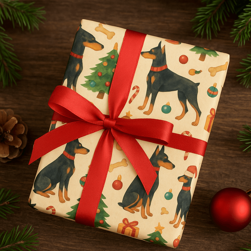Luxury Doberman Pinschers Christmas wrapping paper featuring watercolor design with festive decorations.