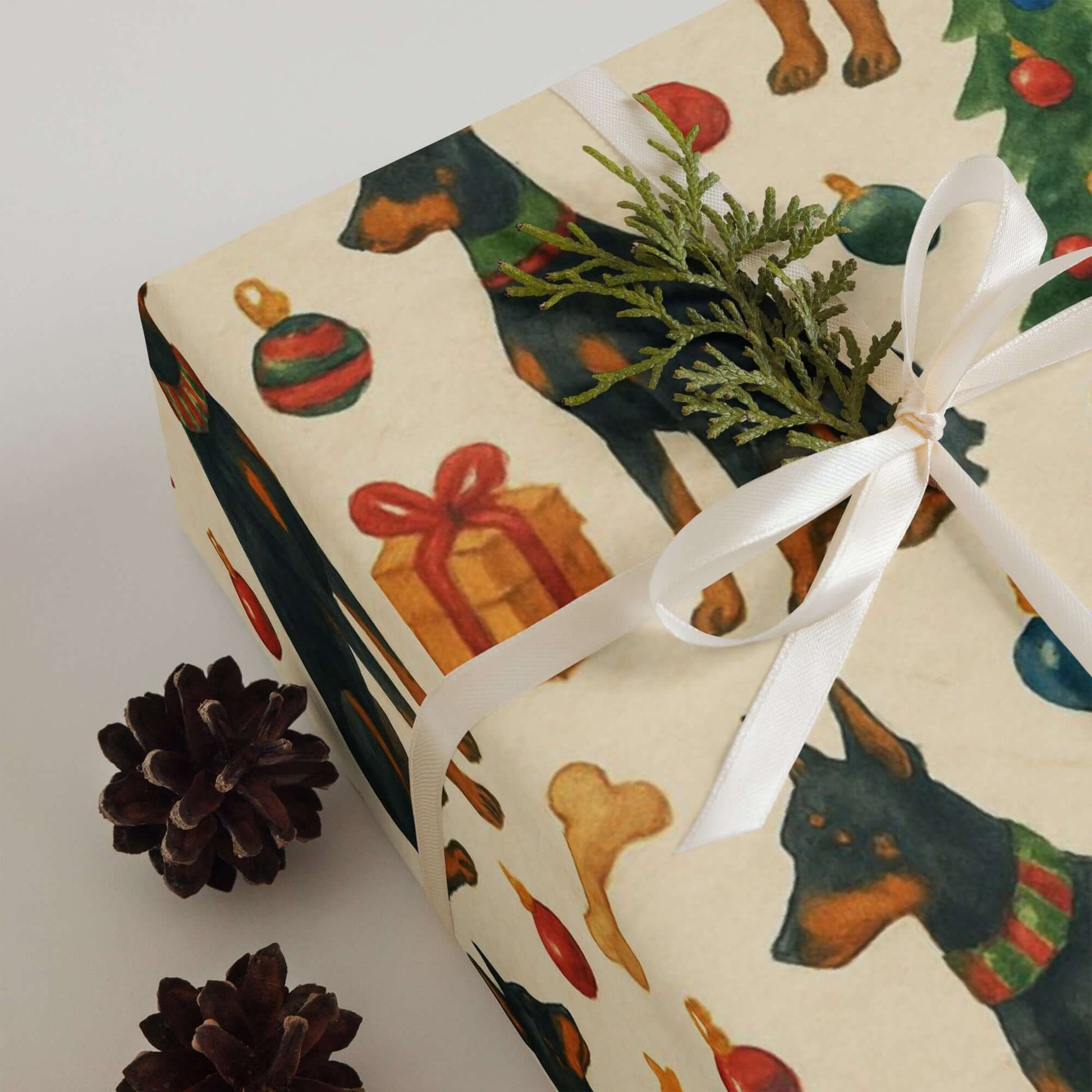 Luxury Christmas wrapping paper featuring Doberman Pinschers and festive decorations in watercolor design.