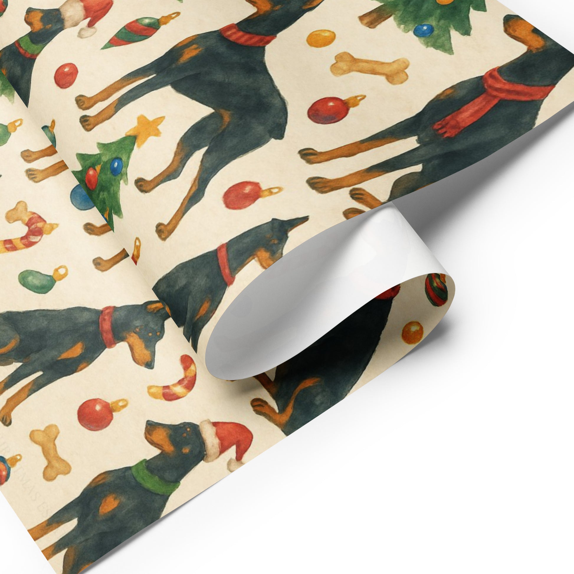Doberman Pinschers watercolor Christmas wrapping paper featuring festive trees, ornaments, and candy canes.