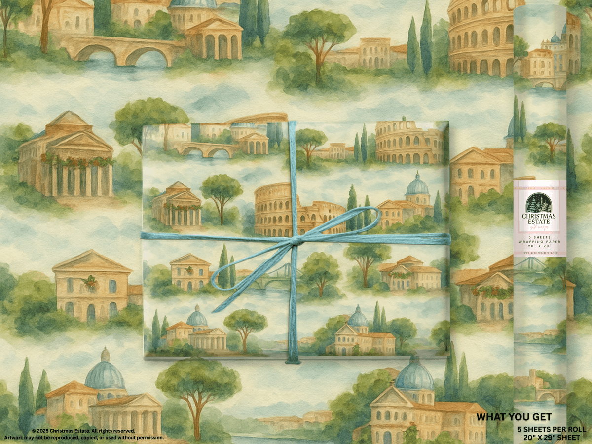 Italy Wrapping Paper featuring hand-painted illustrations of iconic landmarks and landscapes of Italy.