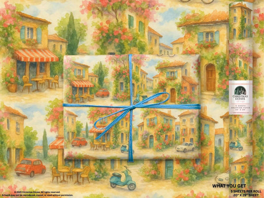 Luxury Christmas wrapping paper featuring a watercolor design of European bistros and townhouses.