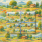 Floral Meadows wrapping paper showcasing watercolor rolling hills, blooming flowers, and rustic cottages, perfect for luxury holiday gift wrap.
