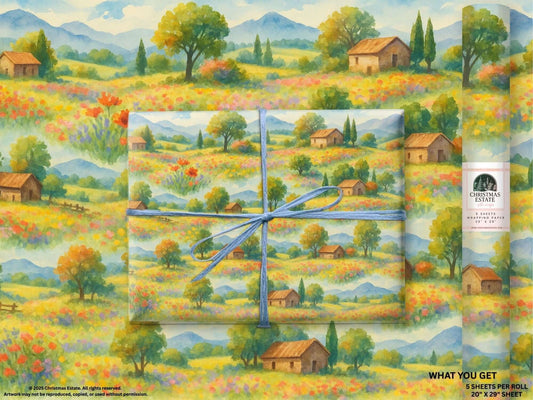 Floral Meadows wrapping paper showcasing watercolor rolling hills, blooming flowers, and rustic cottages, perfect for luxury holiday gift wrap.