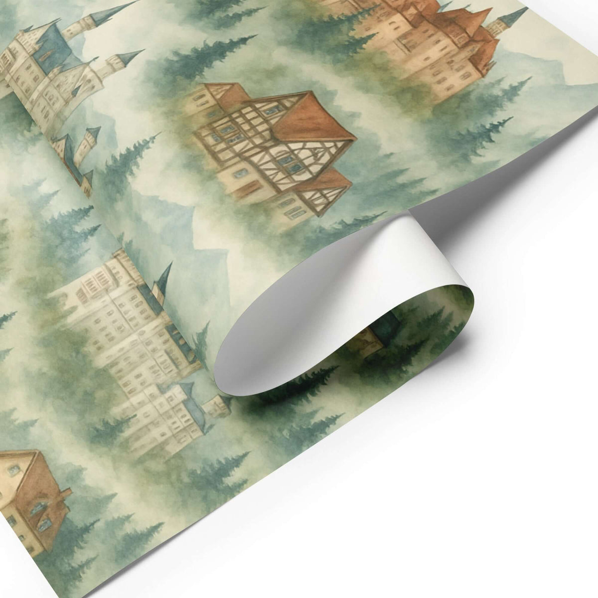 Germany Wrapping Paper featuring watercolor castles and timber-framed houses in a misty forest landscape.