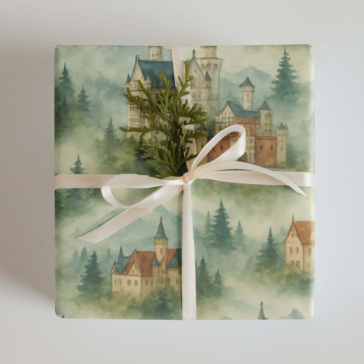 Germany Wrapping Paper featuring hand-painted castles and alpine villages in soft watercolor shades.