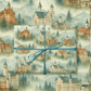 Germany Wrapping Paper featuring hand-painted castles and alpine villages in soft watercolor shades.