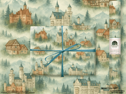 Germany Wrapping Paper featuring hand-painted castles and alpine villages in soft watercolor shades.