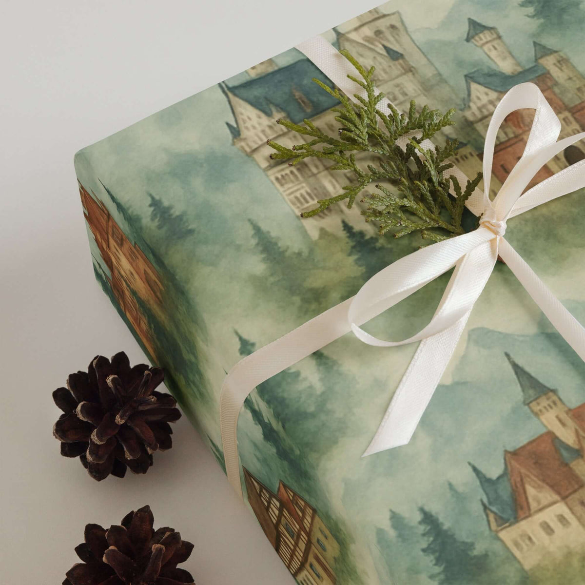 Germany Wrapping Paper featuring hand-painted castles and timber-framed houses on a gift box.