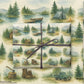 Watercolor design luxury Christmas wrapping paper featuring rustic cabins, tents, and wilderness scenes.
