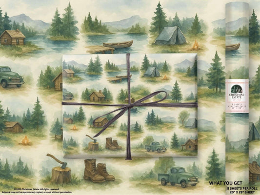 Watercolor design luxury Christmas wrapping paper featuring rustic cabins, tents, and wilderness scenes.