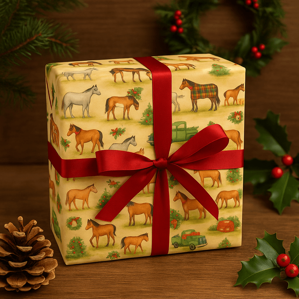 Luxury Christmas wrapping paper featuring illustrated horses, vintage trucks, and festive greenery, perfect for holiday gift wrap.