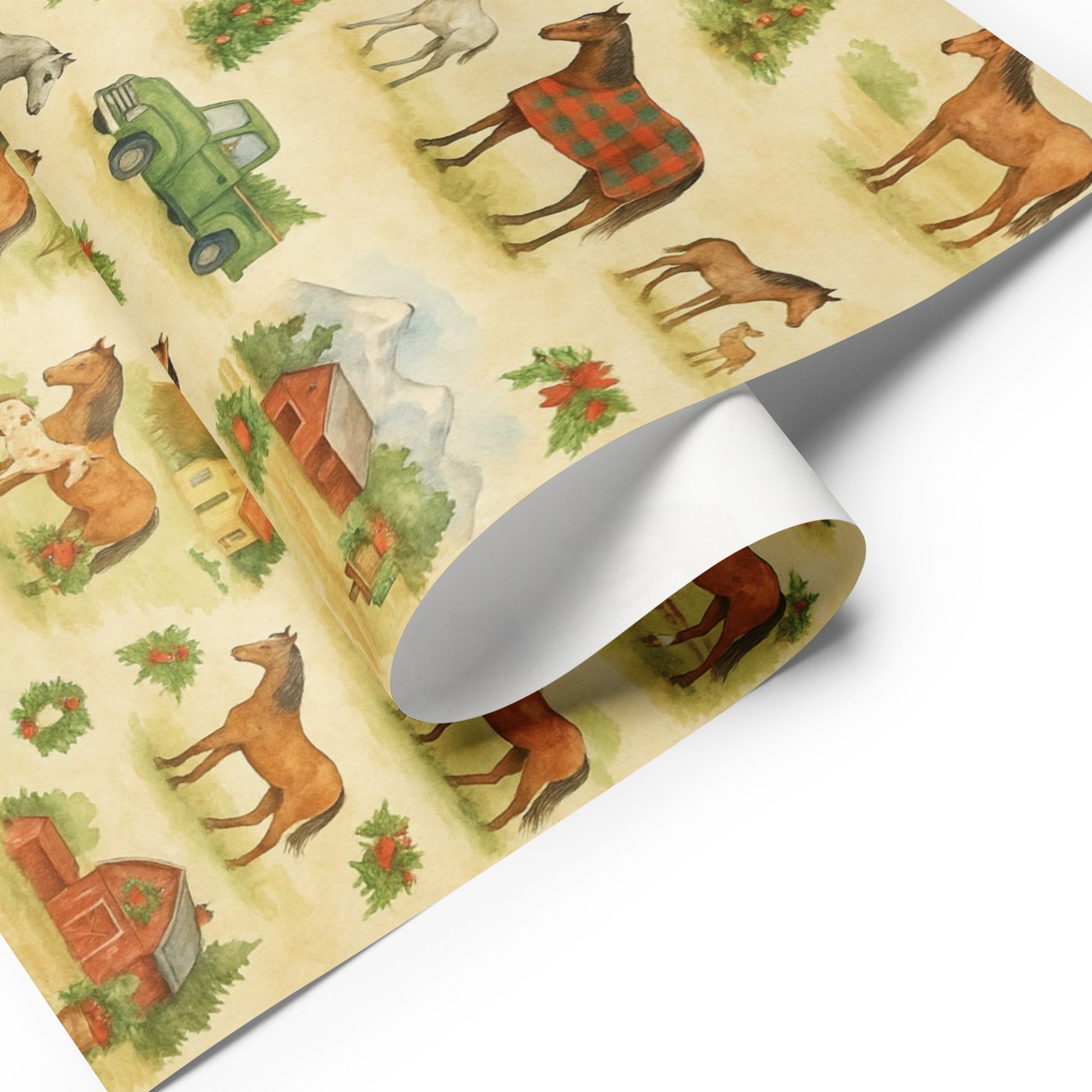 Luxury Christmas wrapping paper featuring rustic watercolor horses, barns, and vintage trucks in festive holiday settings.
