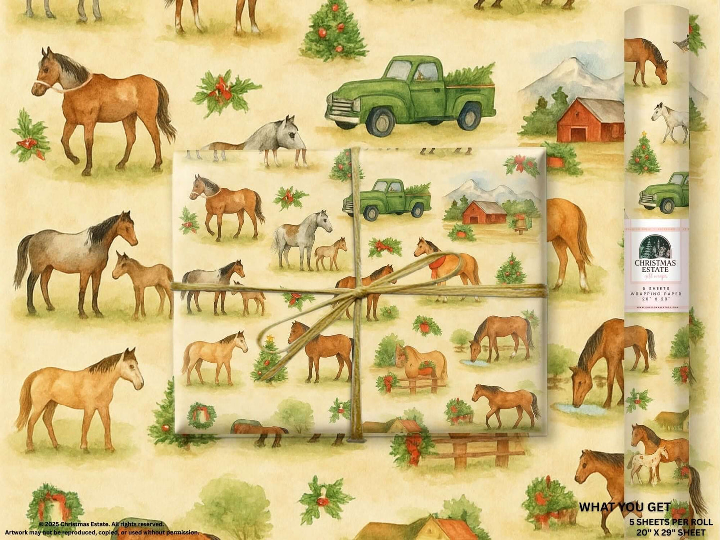 Luxury Christmas wrapping paper featuring hand-painted horses and rustic holiday scenes, perfect for gift wrap.