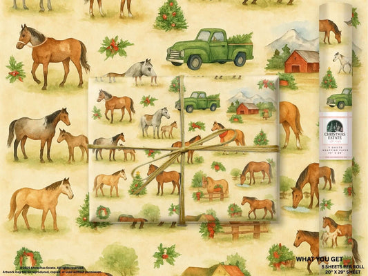 Luxury Christmas wrapping paper featuring hand-painted horses and rustic holiday scenes, perfect for gift wrap.