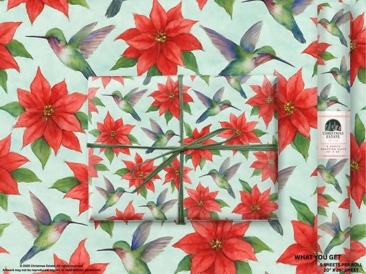 Elegant watercolor Christmas wrapping paper featuring hummingbirds and vibrant poinsettias, perfect for holiday gift wrap.