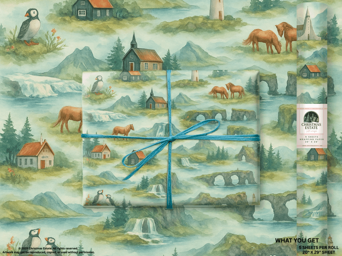 Iceland Wrapping Paper featuring hand-painted scenes of waterfalls, puffins, and Icelandic landscapes.
