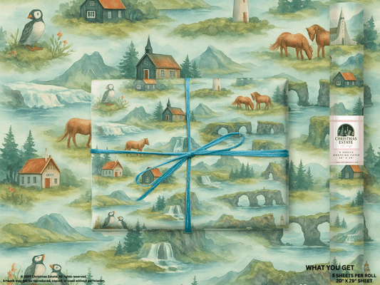 Iceland Wrapping Paper featuring hand-painted scenes of waterfalls, puffins, and Icelandic landscapes.