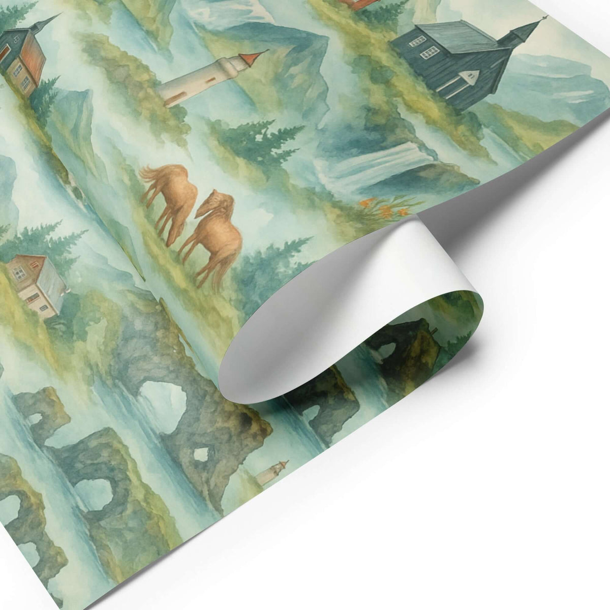 Iceland Wrapping Paper featuring hand-painted scenes of Icelandic landscapes, including horses, lighthouses, and waterfalls.