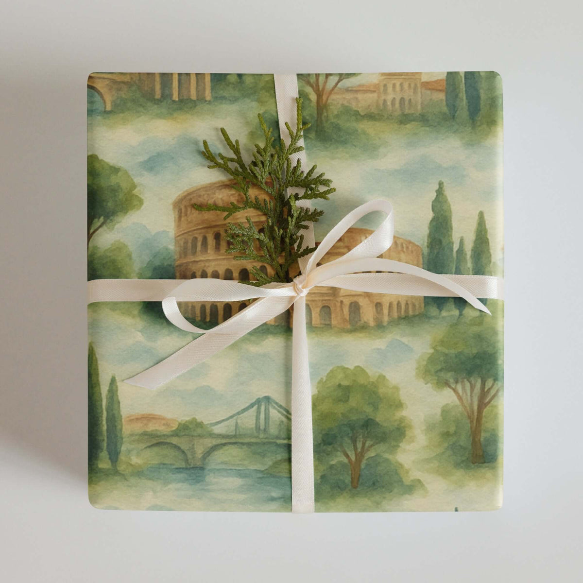 Italy Wrapping Paper featuring hand-painted illustrations of the Colosseum and Italian scenery.