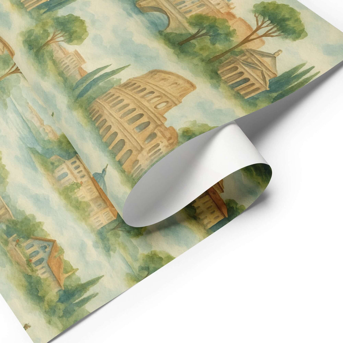 Italy Wrapping Paper featuring watercolor illustrations of the Colosseum and scenic Italian landscapes.