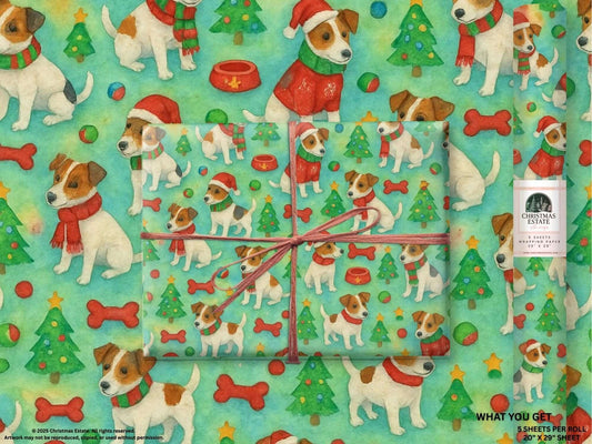 Luxury Christmas wrapping paper featuring watercolor Jack Russell Terriers, festive trees, and bright holiday colors.
