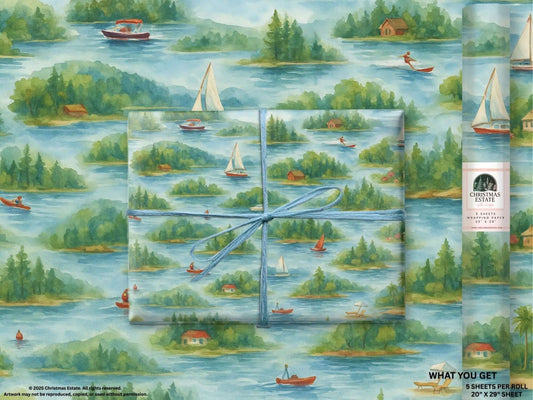 Watercolor design luxury wrapping paper featuring lakeside scenes, boats, and cabins, perfect for holiday gift wrap.