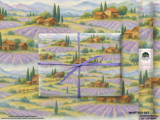 Luxury Christmas wrapping paper featuring rolling lavender fields with rustic barns in a watercolor design, eco-friendly made in USA.