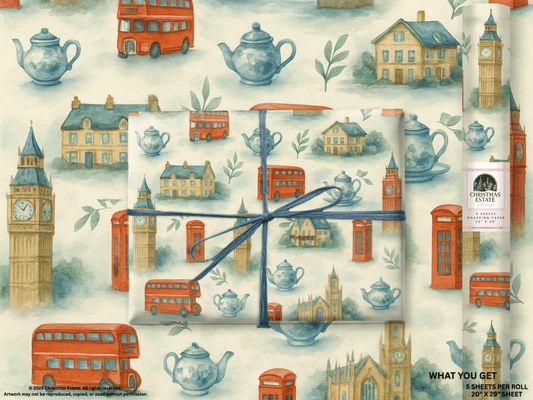 London Tea Wrapping Paper featuring iconic London landmarks and teapot illustrations in watercolor design.