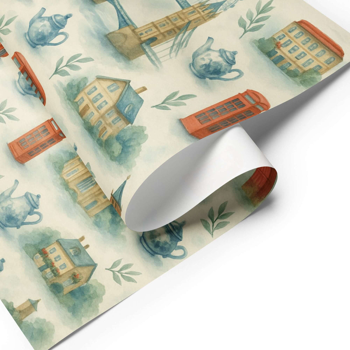 London Tea Wrapping Paper featuring watercolor designs of teapots and iconic London landmarks.