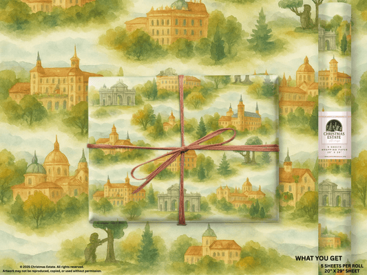 Madrid Wrapping Paper featuring hand-painted architecture designs in warm terracotta and greens.